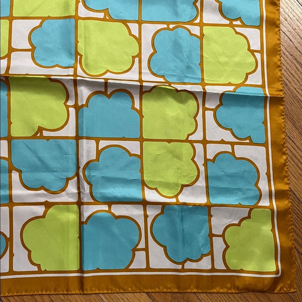 Vtg TOTES Rain Scarf Lime Green & Turquoise Puff Clouds Polyester Japan MCM